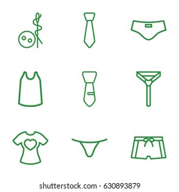Textile icons set. set of 9 textile outline icons such as needle button, female underwear, singlet, tie, t-shirt with heart
