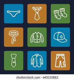 Textile icons set. set of 9 textile outline icons such as baby socks, female underwear, tie, pants, baseball cap