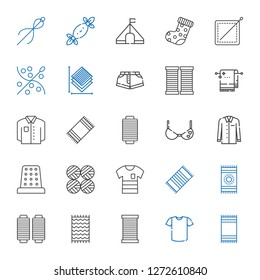 textile icons set. Collection of textile with beach towel, shirt, thread, wool balls, thimble, bra, towel, shorts, layers, sewing, sock, tent. Editable and scalable textile icons.