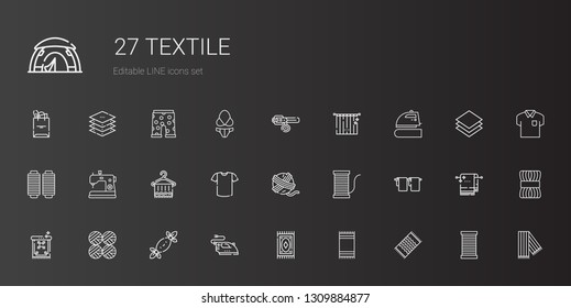 textile icons set. Collection of textile with beach towel, carpet, iron, tissues, wool balls, towel, thread, yarn ball, shirt, sewing machine. Editable and scalable textile icons.