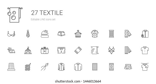 textile icons set. Collection of textile with beach towel, shirt, sewing, towel, thimble, bikini, shorts, pocket, tent, iron, thread, pants. Editable and scalable textile icons.