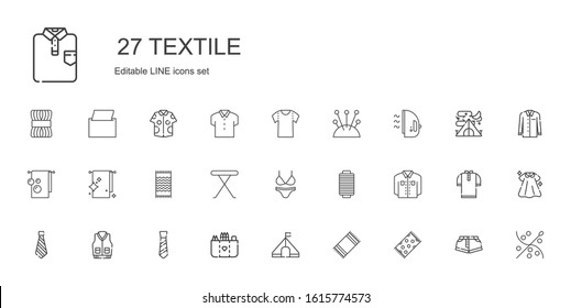 textile icons set. Collection of textile with beach towel, tent, pocket, tie, jacket, shirt, thread, bikini, iron table, towel, iron, cushion. Editable and scalable textile icons.
