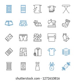 textile icons set. Collection of textile with tissues, dress, beach towel, thread, layers, shirt, suit and tie, swim suit, trousers, towel. Editable and scalable textile icons.