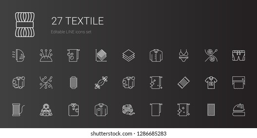 textile icons set. Collection of textile with towels, yarn ball, shirt, jacket, thread, beach towel, towel, tissues, sewing, bikini, layer. Editable and scalable textile icons.