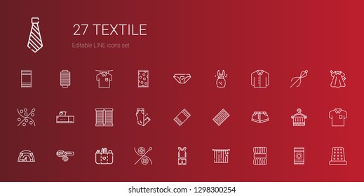 textile icons set. Collection of textile with wool, curtains, sportswear, sewing, pocket, collar, tent, shorts, beach towel, trousers, thread. Editable and scalable textile icons.