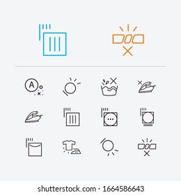 Textile icons set. Do not wash and textile icons with reduced moisture, any solvent and appliance. Set of electric for web app logo UI design.