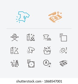 Textile icons set. Do not wash and textile icons with bleach, furniture cleaning and caution. Set of bottle for web app logo UI design.
