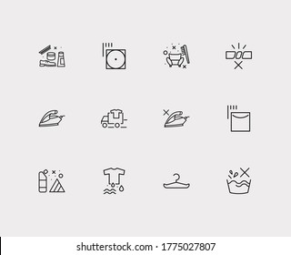 Textile icons set. Hang to dry and textile icons with detergent, appliance and do not wash. Set of apparel for web app logo UI design.