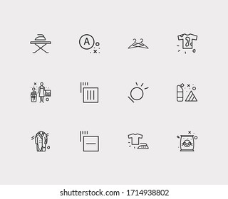 Conjuntos de iconos textiles. Iconos de ropa y textiles con cualquier disolvente, abrigo sucio y armario. Conjunto de marcas para el diseño de la interfaz de usuario del logotipo de la aplicación web.