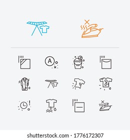 Textile icons set. No steam and textile icons with dirty t-shirt, wet clothes and collapsible clothes-horse. Set of iron for web app logo UI design. svg