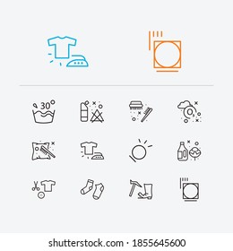 Textile icons set. Water temperature 30 deg and textile icons with caution, cleaning brushes and different socks. Set of apparel for web app logo UI design.