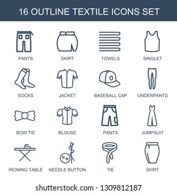 textile icons. Trendy 16 textile icons. Contain icons such as pants, skirt, towels, singlet, socks, jacket, baseball cap, underpants, bow tie. textile icon for web and mobile.