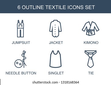 textile icons. Trendy 6 textile icons. Contain icons such as jumpsuit, jacket, kimono, needle button, singlet, tie. textile icon for web and mobile.