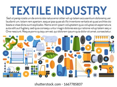 Textile Industry Banner. Cotton Plant, Silkworm For Silk, Sheep Wool, Fibers, Bobbins Of Thread, Fabric Rolls And Textiles Manufacturing, Weaving Machines At Workshop. Vector Illustration With Text.