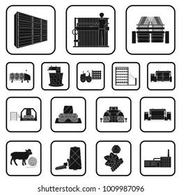 Textile industry black icons in set collection for design.Textile equipment and fabrics vector symbol stock web illustration.