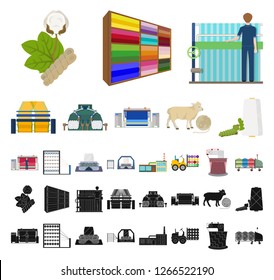 Textile industry cartoon, black icons in set collection for design.Textile equipment and fabrics vector symbol stock web illustration.