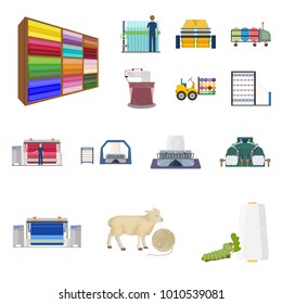 Textile industry cartoon icons in set collection for design.Textile equipment and fabrics vector symbol stock web illustration.