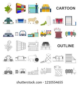 Textile industry cartoon icons in set collection for design.Textile equipment and fabrics vector symbol stock web illustration.