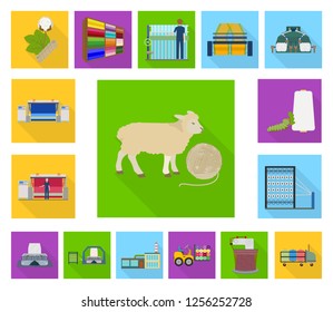 Textile industry flat icons in set collection for design.Textile equipment and fabrics vector symbol stock web illustration.