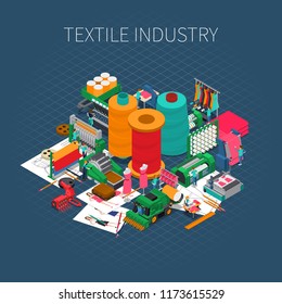 Textile industry isometric composition with editable text description and composition of images with sewing spool and needles vector illustration