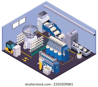 Textile industry isometric composition with isolated view of production facility with machine units forklift and conveyor vector illustration