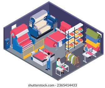 Textile industry isometric composition with isolated view of factory unit with colorful fabric rolls and tailors vector illustration