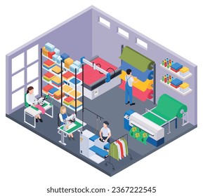 Composición isométrica de la industria textil con vista aislada de la sala de taller con rollos de sastre rollos de ropa en estantes ilustración vectorial