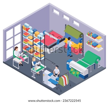 Textile industry isometric composition with isolated view of workshop room with tailors rolls garments on shelves vector illustration