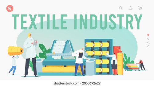 Textile Industry Landing Page Template. Characters Work on Fabric Production Factory. Workers at Automated Machine for Yarn Producing. Manufacturing of Cotton Fiber. Cartoon People Vector Illustration