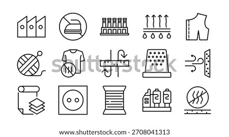 Textile Industry line icon set. Fabric, yarn, sewing, loom, pattern, clothing, apparel, tailoring, knitting, embroidery, fashion, workshop, production icons vector illustration. Pixel-perfect stroke