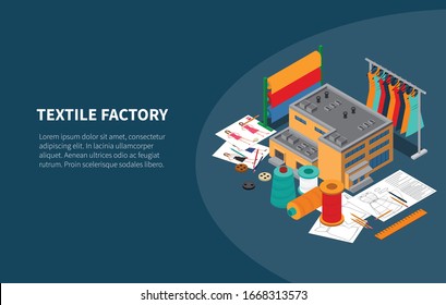 Textile Industry Manufacturing Factory Production Isometric Composition With Yarn Fabric Design Clothes Rack Background Banner Vector Illustration 