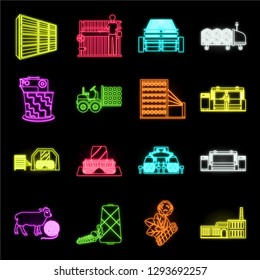 Textile industry neon icons in set collection for design.Textile equipment and fabrics vector symbol stock web illustration.