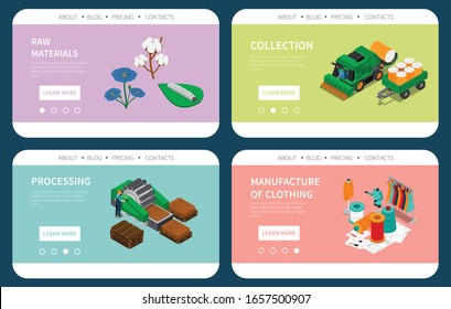 Textile industry raw materials collection processing fabric clothing manufacturing 4 colorful isometric compositions website design vector illustration 