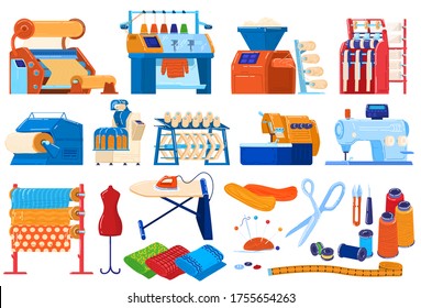 Conjunto de ilustraciones vectoriales de la industria textil. Colección plana de caricaturas de maquinaria textil, hilos y tejidos, proceso industrial de producción en fábrica, máquinas de coser de sastre aisladas en blanco