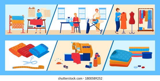 Textile industry vector illustration set. Cartoon flat professional dressmaker seamstress woman characters working, dressmaking, modeling and sewing dresses in workshop, tailor profession background