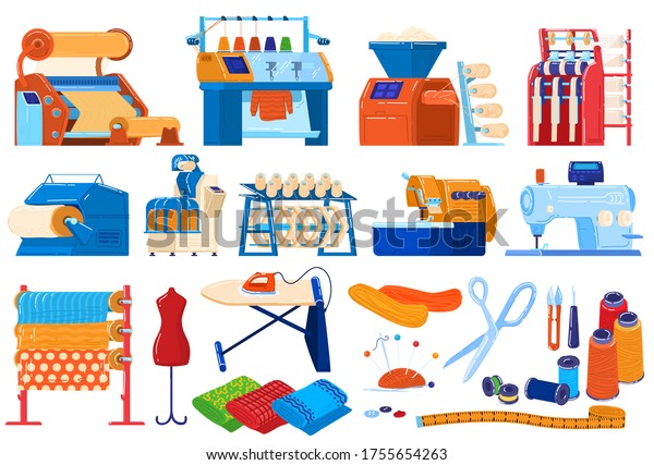 Textile industry vector illustration set. Cartoon flat collection of