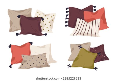 Textile interior pillows. Home decor pillows, feathered cozy sofa cushions, decorative pillows flat vector illustration set