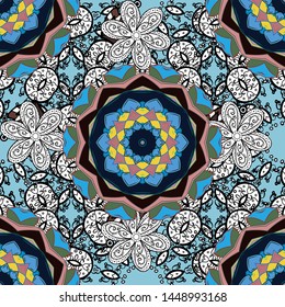 For textile, invitations, banners and other. Colored round floral mandala on a white, black and blue colors. Vector illustration.
