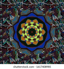 For textile, invitations, banners and other. Colored round floral mandala on a brown, black and blue colors. Vector illustration.