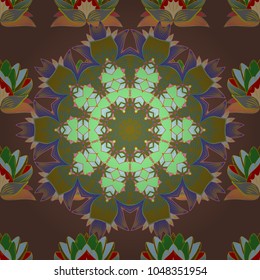 For textile, invitations, banners and other. Vector illustration. Colored round floral mandala on a brown, green and violet colors.
