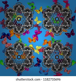 For textile, invitations, banners and other. Vector illustration. Colored round floral mandala on a blue, gray and black colors.