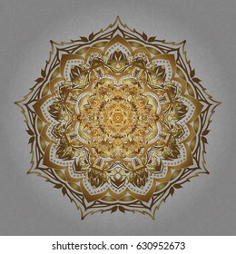 For textile, invitations, banners and other. Vector illustration. Gold color round mandala on a gray background.