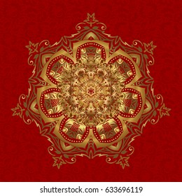 For textile, invitations, banners and other. Vector illustration. Gold color round mandala on a red background.
