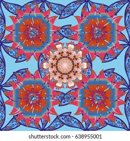 For textile, invitations, banners and other. Vector illustration. Colored round floral mandala on a gray background.