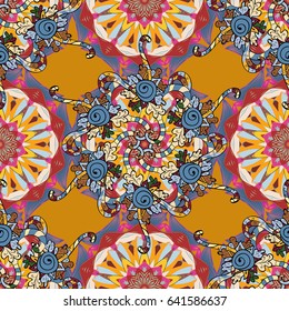 For textile, invitations, banners and other. Vector illustration. Colored round floral mandala on a white background.
