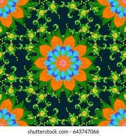 For textile, invitations, banners and other. Vector illustration. Colored round floral mandala on a blue background.