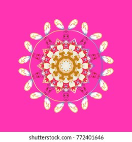For textile, invitations, banners and other. Vector illustration. Colored round floral mandala on a magenta, beige and white colors.