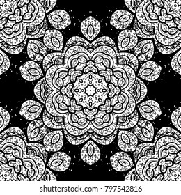 For textile, invitations, banners and other. Vector illustration. Colored round floral mandala on a black, white and gray colors.
