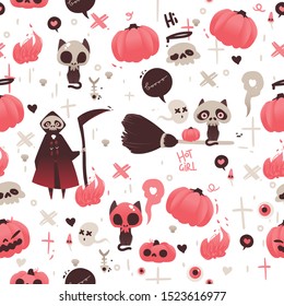 Textile for kids to Holiday Halloween in pink colors. Vector modern pattern seamless with scary and cute Halloween signs - pumpkins and skull bones.