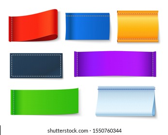 Textile labels. Clothes blank fabric tags, color cotton rectangular banners with copyspace. Isolated vector colored style horizontal seam stitch set